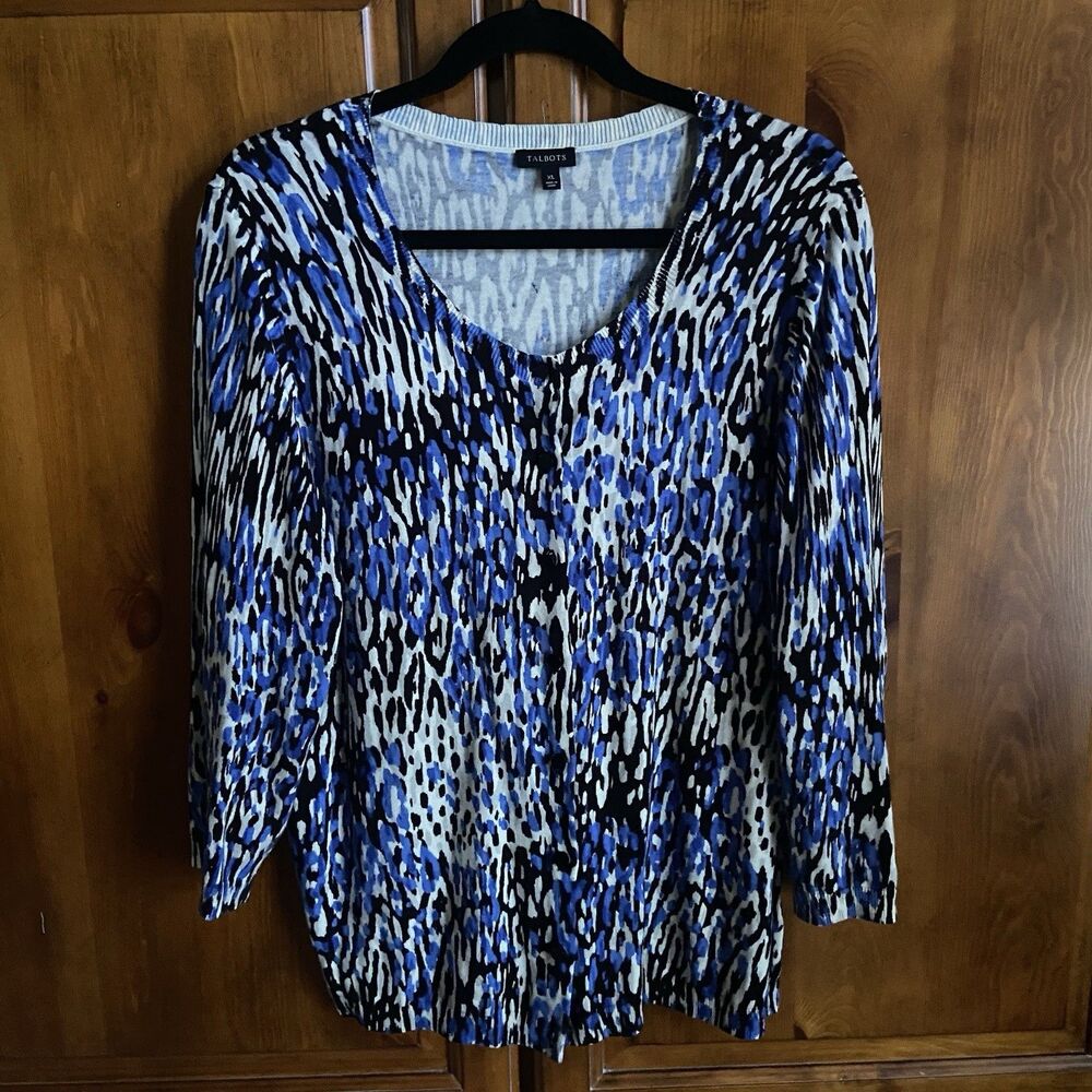 Talbots Cotton Blend Button Up Knit Cardigan Size XL Black & Blue Cheetah Print